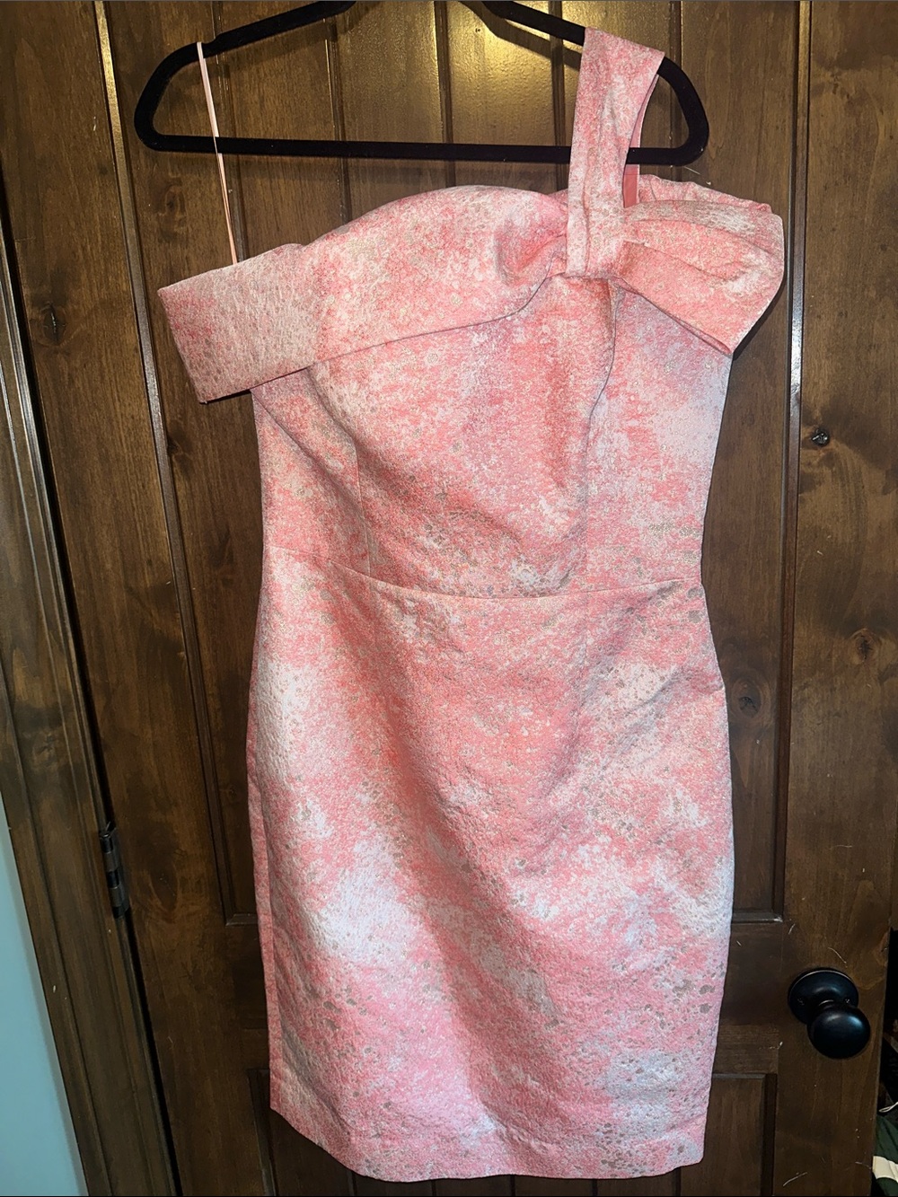 Rickie Freeman for Teri Jon Pink Metallic Gold Jacquard One Shoulder Dress